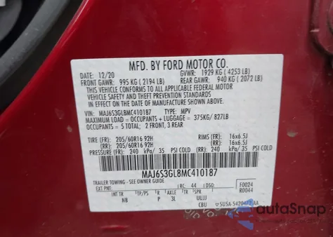 2021 Ford Ecosport Se z USA, uszkodzony, nr VIN MAJ6S3GL8MC410187